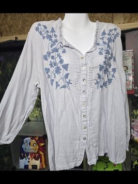 #55 Light Blue Embroidered Button-Down Peasant Shirt